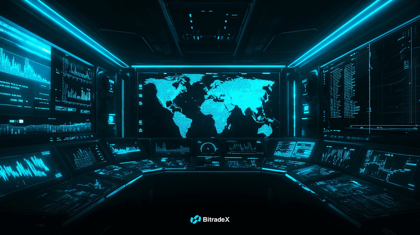 Visual control room AI BitradeX untuk monitoring pasar global